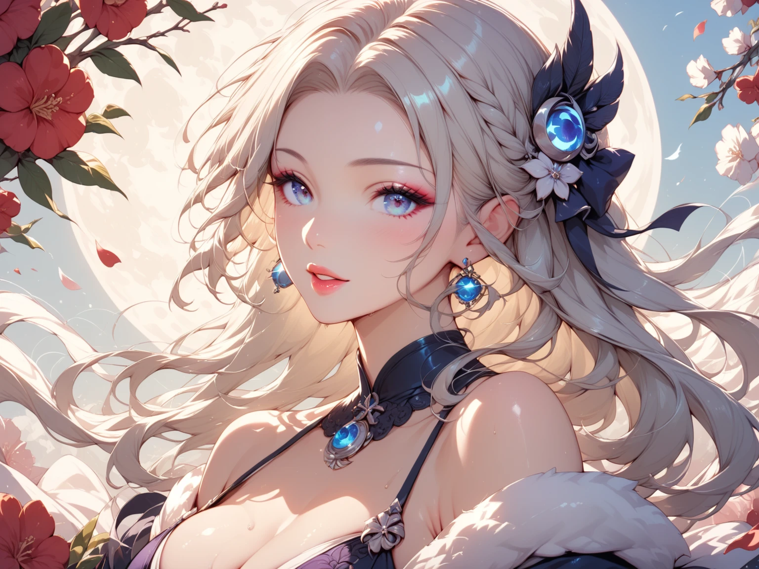Close-up of a woman with grey hair and a black scarf, Portraits by Jan J., pixiv Contest Winner, Fantasy art, White-haired God, Beautiful character drawings, artwork in the style of Gwaiz, The sharp gaze of the Yuki-onna, Gwaiz, White long hair, of long white hair, Flowing hair and long robes