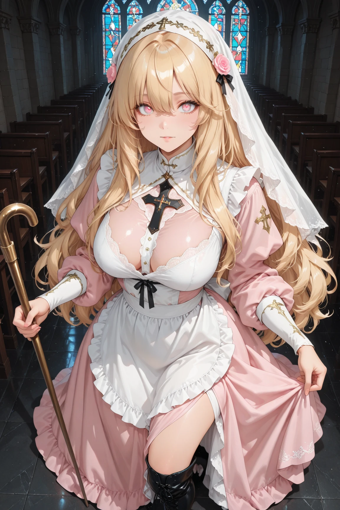 Women's 20s, Fantasy、official art, 8k unit wallpaper, ultra detailed, beautifully、aesthetic, masterpiece, premium quality, Photorealistic、White magician、Healer、Healing magic、recovery magic、Wrapped in green light、saint a girl、White clothes with cross design、angelical、the presence of wings on the back、crosses、white underwear、Thighs seen through the slit、long pink hair、the vast meadow、Green tree、Green tree々、majestic view、Castle can be seen on the top of the mountain、depth of fields, fantastic atmosphere, calm palette, tranquil mood, soft shading、very large chest、chubby figure、Small white birds flock、Healer's wand: 2. 0、Staff with green orbs、Dresses with long hemlines、deep slit、huge breasts、Cross patterned hats、white cap、thick tight、white lace stockings、white garter belt、plump figure、silver pewter staff、healer wand、long staff, big ass, MILF, thick thighs, green eyes.