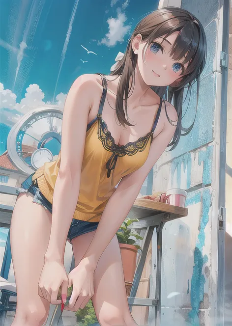1girl, solo, beautiful girl, brunette skin, blue eyes, detailed anime style, perfect anatomy, perfect hands, narrow waist, medium breasts, long hair, brown hair, high ponytail, asymmetrical bangs, blue eyes, detailed eyes, blush, emerald earrings, orange shirt, shirt lift, denim shorts, cleavage, navel, midriff, bare arms, bare shoulders, smile, standing, perfect hands, arm up, woods, cabin, sunset, orange sky, clouds, outdoors, underboobs, high quality, high resolution, from side,