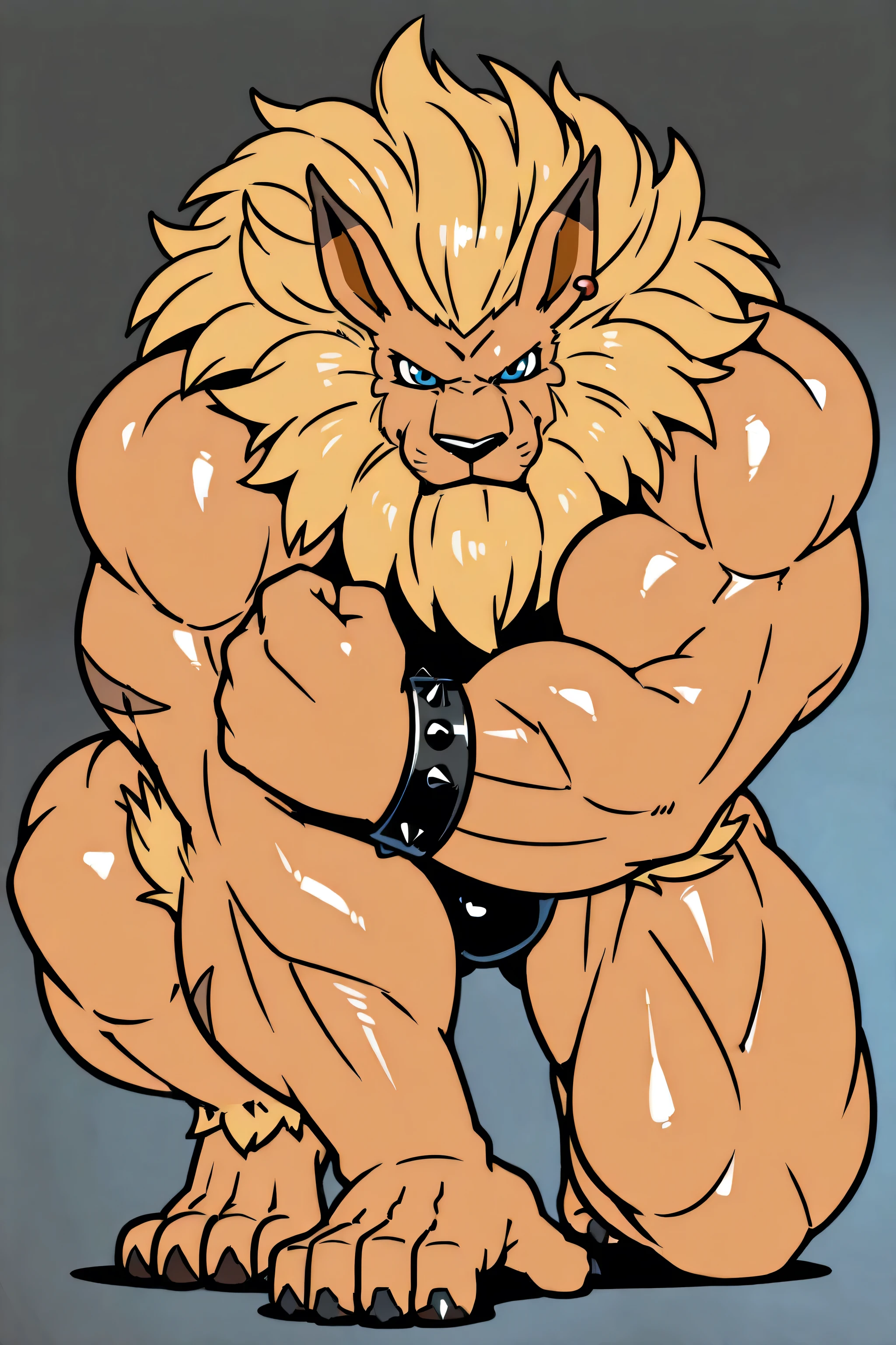 leomon, muscular, anthro, blue eyes, furry, solo, lion, male, mane, black speedos, high quality, simple background, looking at viewer, bright lighting, glistening body, big body, thick arms, thick lineart, black outline, full body, bare feet, posing, dynamic pose, one knee against floor, bulging muscles