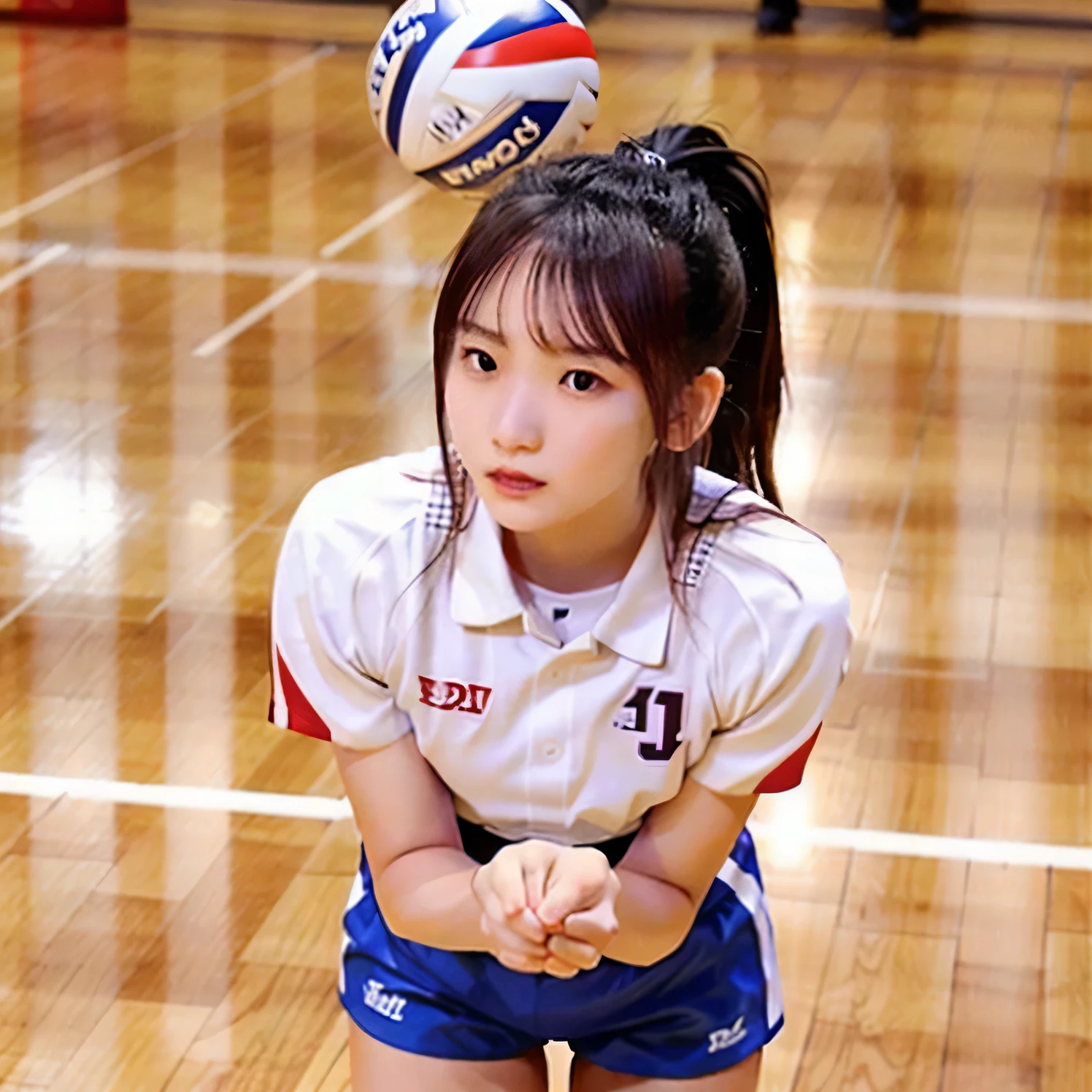 A breathtakingly beautiful 20-year-old woman soars into the air on a volleyball court inside a brightly lit gymnasium, preparing to spike the ball with precision and power. Her athletic form is accentuated by a sleek, form-fitting uniform, and her intense gaze remains locked onto the target. The polished wooden floor reflects the motion, enhancing the dynamic energy of the moment as she displays her skill and determination. Brown hair, long hair, dark eyes.