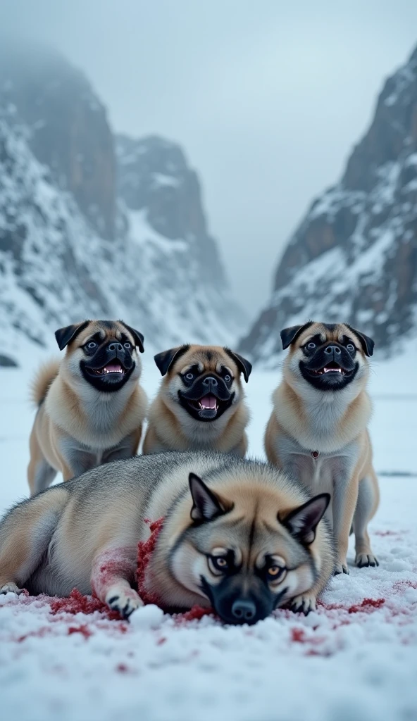 NSFW (nude) Anna ((human)) medium breasts, strip of pubic hair) gangbang, vaginal and oral, by ((nude male furry red dogs with red dog penises)), full body, in a deserted snowy landscape