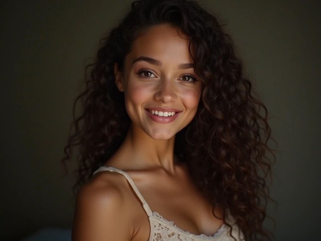 Brunette with curly hair wearing a dress and taking a selfie