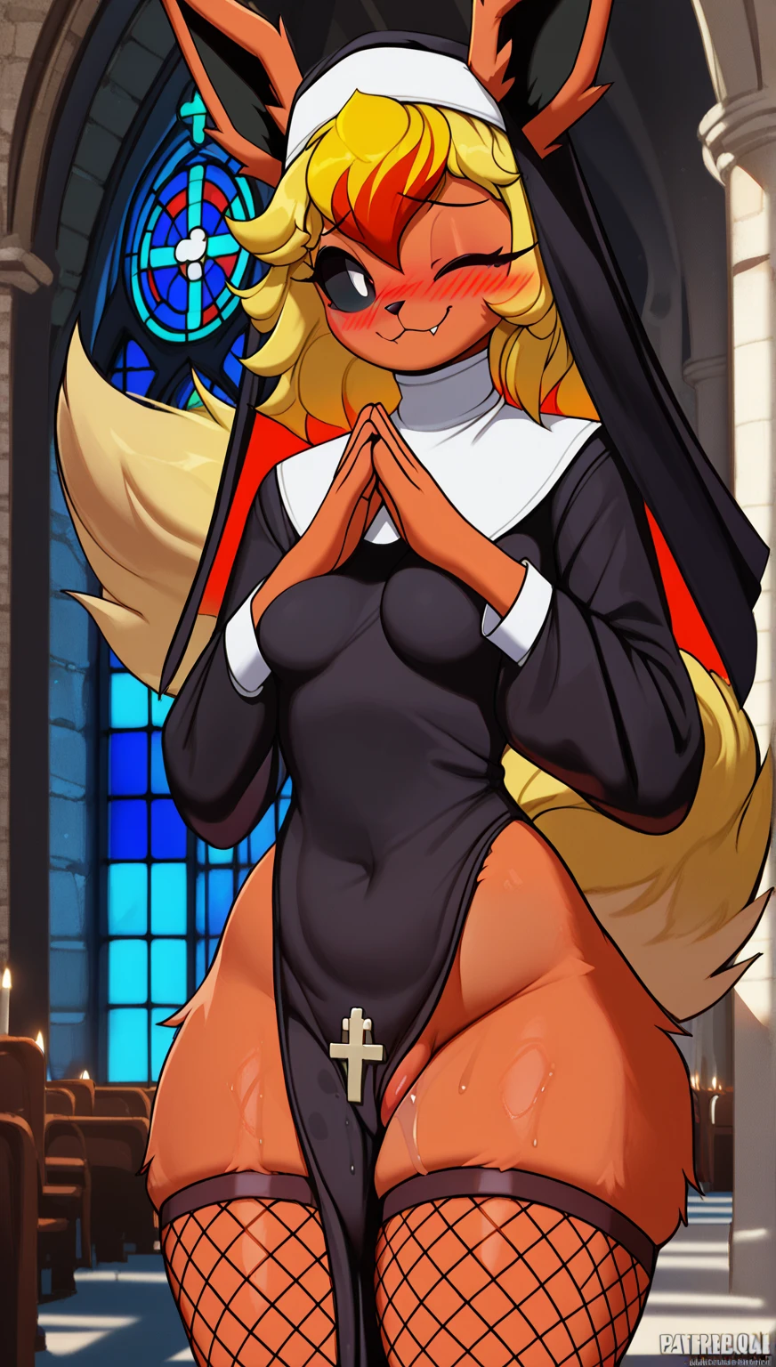 cinematic lighting, seductive expression, 1 girl, Nice smile, the second, for thery, for the, fluffy for the, bengal girl, (young), black sclera, white eyes, for the largo, for the rubio (red reflections), messy hair, (19 years), medium chest, thick thighs, Alone, (church), detailed, y smile, nun costume, half closed eyes, from behind, butttt foclooking at the viewer, score_9, score_8_above, score_7_above, score_6_above, score_5_above, score_4_above, vagina.
