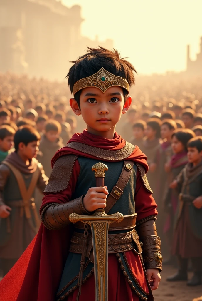 Photo realistic a young boy child with dressed in ornate, golden armor Kavach Kundal, The child is holding a detailed, intricately designed bow, poised to shoot an arrow. The background depicts a dramatic, cloudy sky with lightning, and a battlefield scene with soldiers on horseback. The child has curly, dark hair blowing in the wind, and a red mark on their forehead. The image has a cinematic quality with vibrant colors and dynamic lighting,