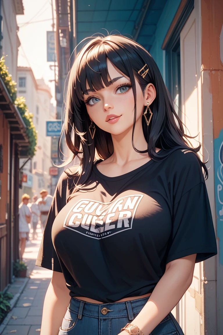Realistic photos of cute female stars, Uneven twin tails, light makeup, Middle breast size, smile, Color T-shirt, by bus, Clear facial features with crisp, realistic detail, Sony FE, 35mm, Cinema Lighting, Attention to detail, UHigh resolution, high quality, High resolution, 8k, 16K