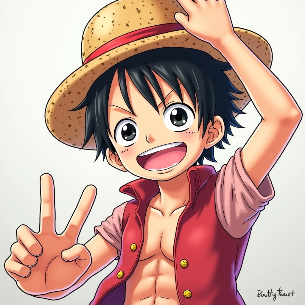 an 18 year old boy with a yellow straw hat with a red ribbon, a red shirt showing his chest, blue shorts and anime style sandals with a phrase that says "They are all the same"