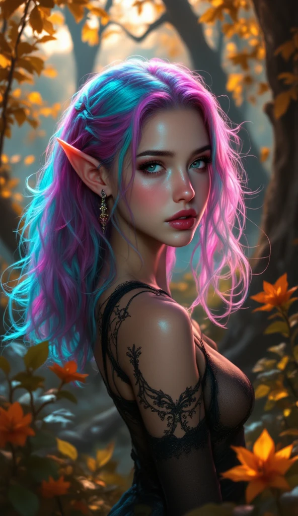 photo, style synthwave a elf woman by agnes cecile, luminous design, pastel colours, ink drips, autumn lights