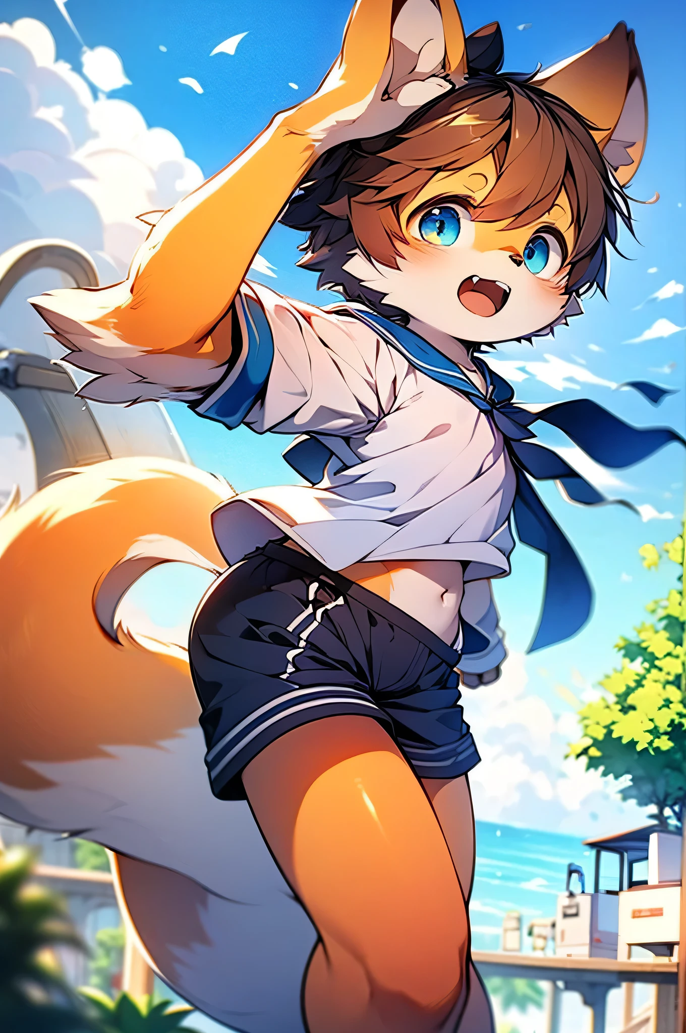 little boy, short black hair, Fox ears, Foxtail, blue eyes, ssmile, tshirt, briefs, Jumps, Masterpiece, hiquality