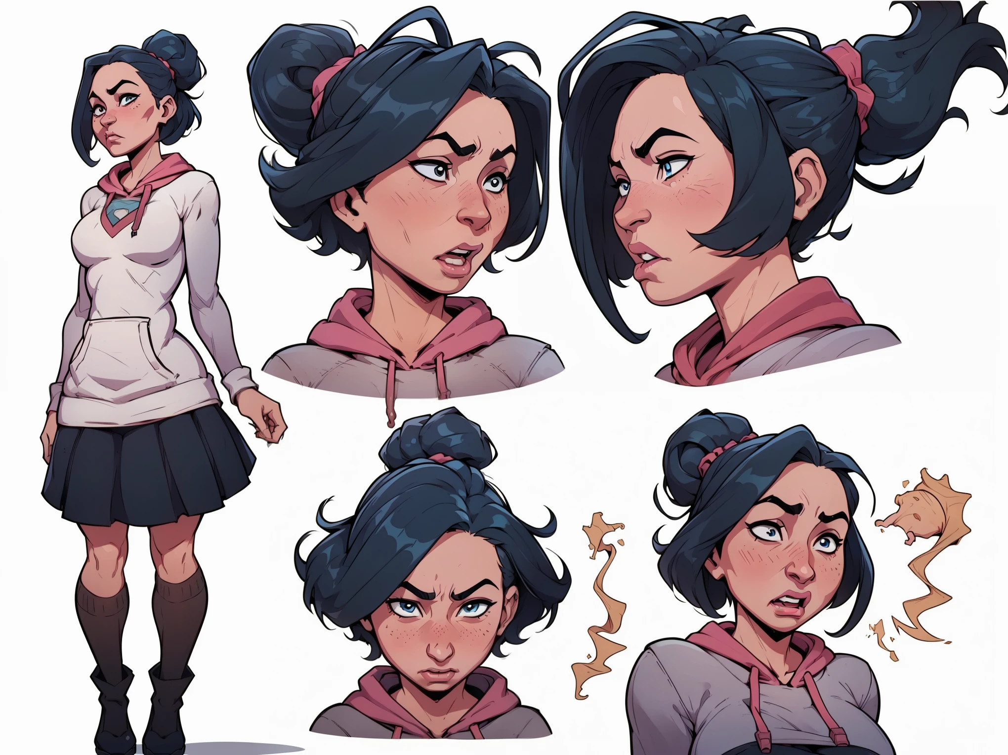 mari, wide hips, black hair, 1girl, cms, (longer wavy haircut, curly hair), k4r3nh41r, exaggerated inflated legs, 4k, highly details, (((tiny breasts))), ((wearing a casual loose hoodie and short skirt)), sensual, 4k, highly detailed face, perfect skin, detailed face, focus on eyes, anatomically correct, ((((reference sheet, simple white background, (multiple views), (full body), dynamic pose,,)))), ((extremely exaggerated moaning in pleasure expression while blushing))