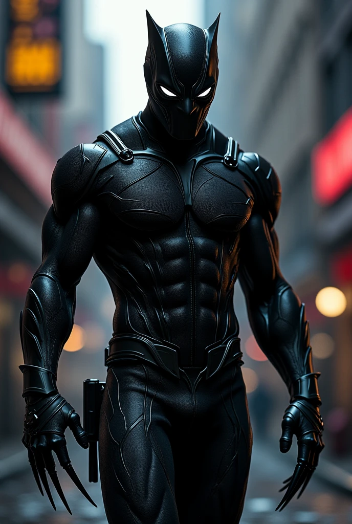Generates the image of an athletic super villain wearing a black and silver suit. The super villain costume has a mask, It is tight and has protectors, Use tactical gloves and weapons