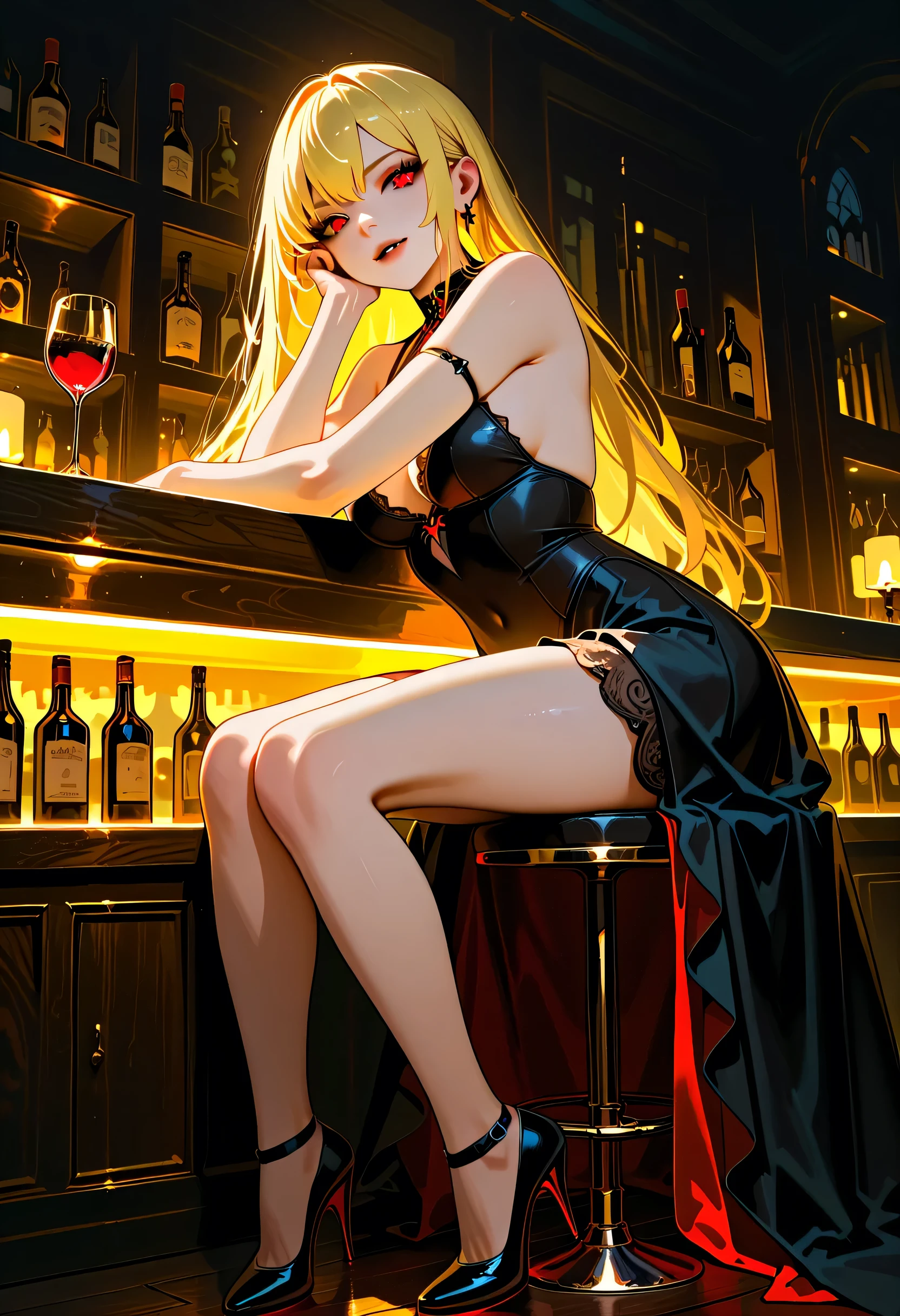 a picture of a vampire waiting in a bar drinking wine, a female vampire, ultra feminine with a long curvy hair, blond hair , red eyes, beautiful delicate face, pale skin, Ultra Detailed Face, vampiric fangs, wearing dress, black dress, wearing high heels, sitting in bar, waiting for prey, drinking red wine,, dark fantasy art, gothic art, (masterpiece: 1.5), full body best details, highly detailed, best quality, highres, bar light, dim light, dark fantasy background (best details, fantasy art, Masterpiece, best quality: 1.5, inematic light, High Detail, Ultra High Quality, High Resolution, 16K Resolution, Ultra HD Pictures, Ultra Realistic, Clear Details, Realistic Detail, Ultra High Definition, Cinematic Shot, HCQ Style, Vampire Dress, bl00dyfs