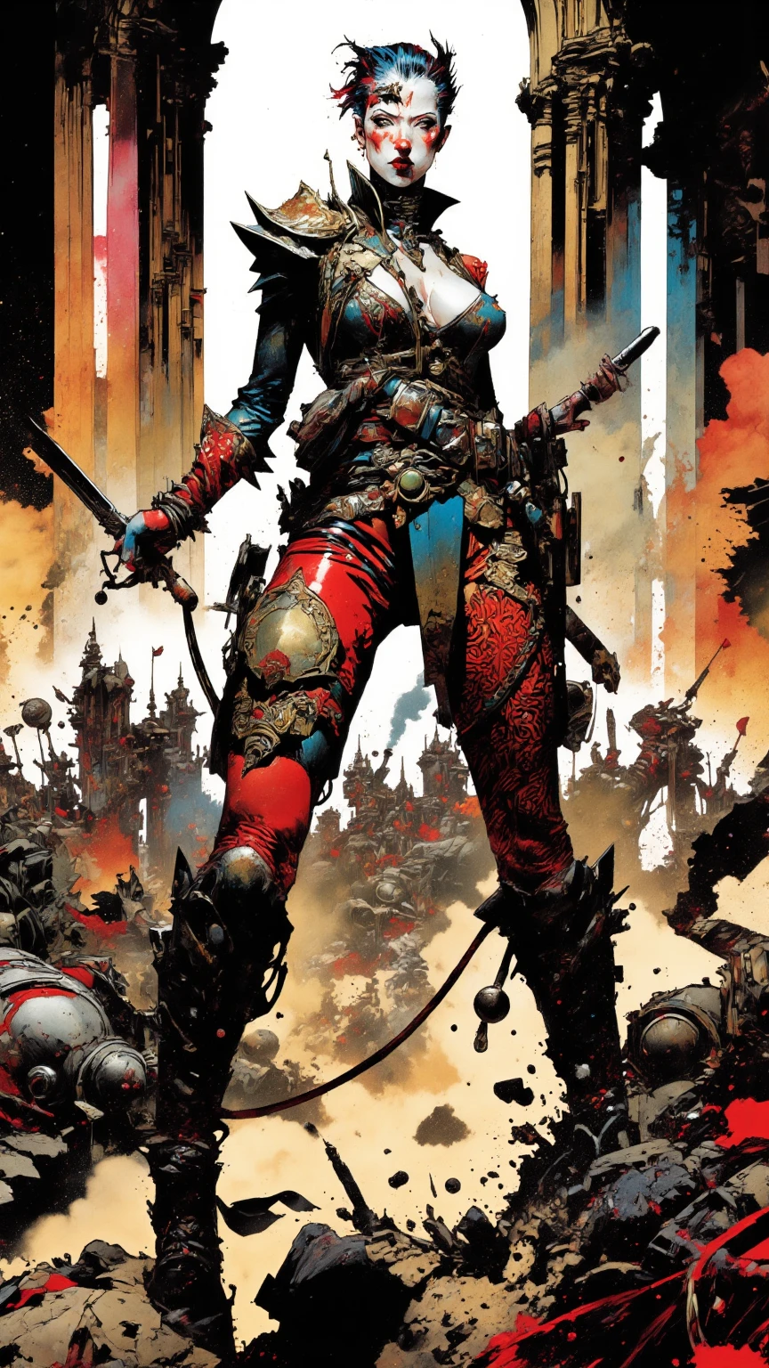 One girl, Rebecca \(cyber punk\), ((whole body, alone:1.5)), Blonde braids, glowing Red eyes,Laugh fearlessly, Leg Tattoos, Neck Tattoo, Large Breasts, Black bra, String, Red pupils, Leather Fang, Red eyes, Black jacket, ((With a big hammer、:1.5))、White Background,((Dynamic Angle、Dynamic pose:1.3))、
