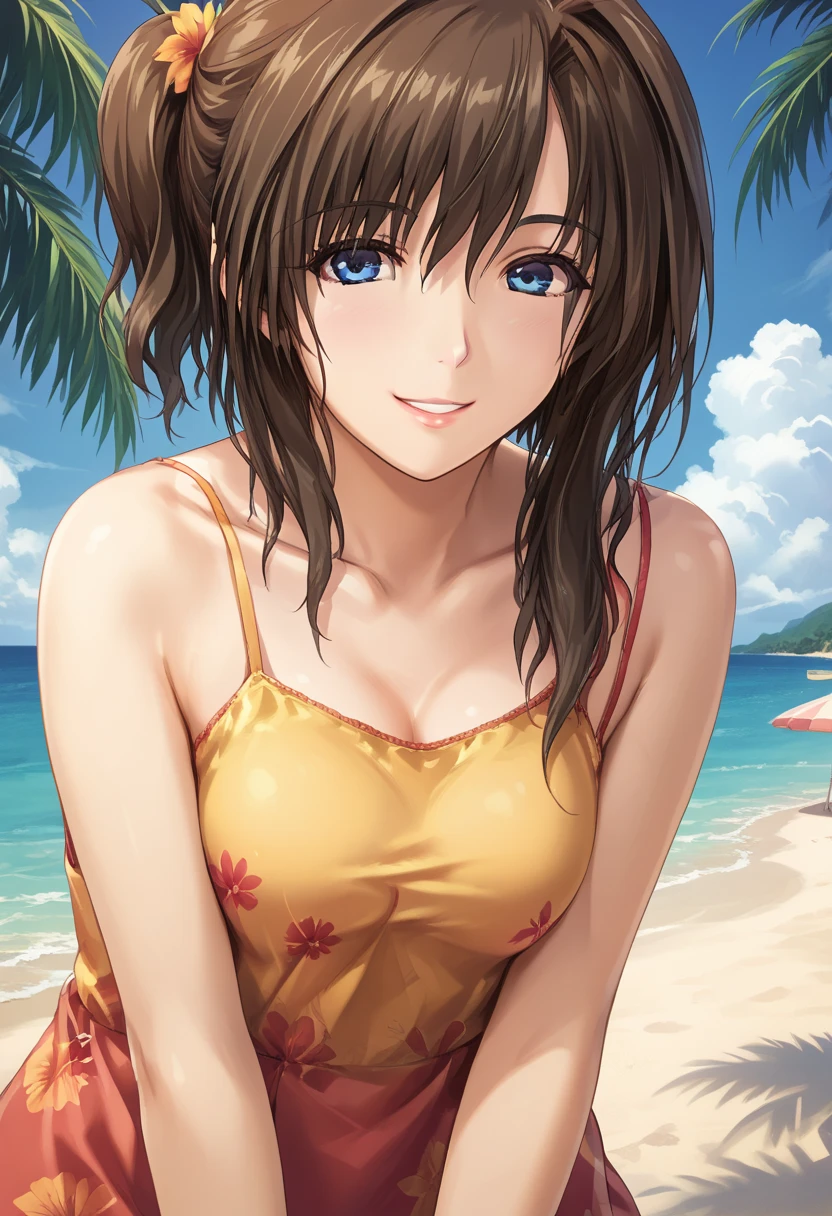 (masterpiece:1.2, top-quality), (realistic, photorealistic:1.4), beautiful illustration, (natural side lighting, movie lighting), depth of fields, nsfw,
beautiful detailed hair, beautiful detailed face, beautiful detailed eyes, beautiful clavicle, beautiful body, beautiful chest, beautiful thigh, beautiful legs,
looking at viewer, 1 girl, 12 years old, (perfect anatomy, anatomically correct, super detailed skin), cute and symmetrical face, perfect face, perfect eyes,
(long hair, ponytail:1.5, sideburns, black hair), blunt bangs, break red eyes, big eyes, long eye lasher, (medium breasts, seductive thighs), perfect body, shiny skin, pink skin,
(detailed cloth texture, break dark red sundress(, break
(beautiful scenery), (tropical beaches:1.2), sitting, (lovely smile, open mouth),