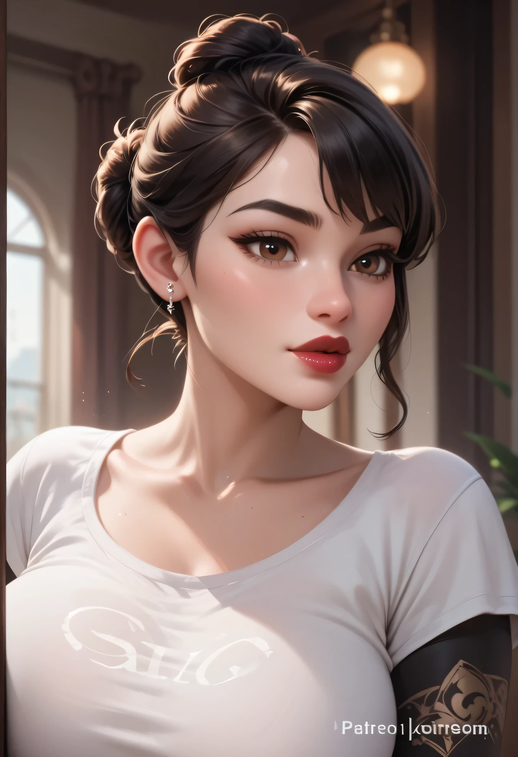 realistic, black bun hair kont top, black eyebrows, brown eyes, red thick lips, perfect face, (large breasts), (white t-shirt)