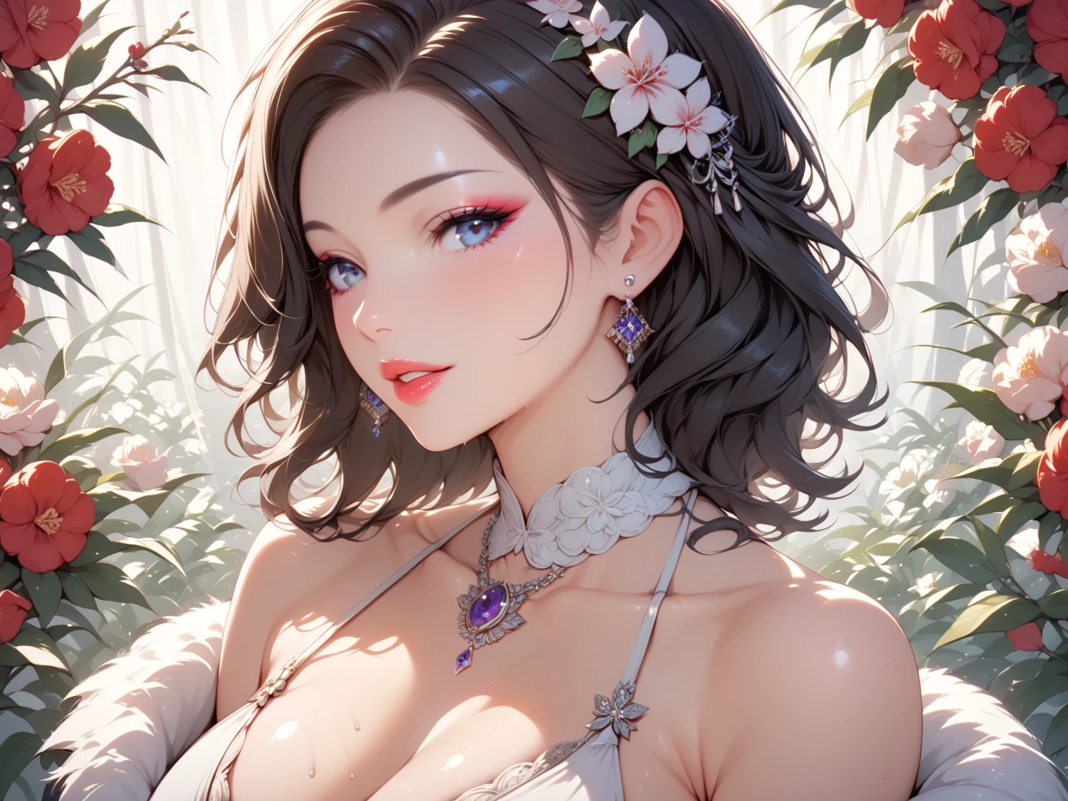 (masterpiece, top-quality, top-quality, Official art, Beautifully Aesthetic:1.2), purple eyes, (highest quality, masterpiece painting:1.3), immature woman, 16 years old, (half body shot), masterpiece, ultra high resolution, (((Flower frame, A lot of flowers in the frame, round frame, A beautiful girl fits into the frame))), Decorative panel, abstract art, (shot from a side angle), (Photoreal:1.0), ((light brown hair)),short hair, beautiful shining hair, white and shining skin, Painterly, sketch, Texture, 超A high resolution, solo, Beautuful Women, A highly detailed, (Fractal Art:1.1), (colourfull:1.1), (florals:1.6), The most detailed, (Zentangle:1.2), (Dynamic Poses), (Abstract background:1.3), (shinny skin), (Many colors:0.8), (earrings:1.4), (pluma:0.9), Taisho romance