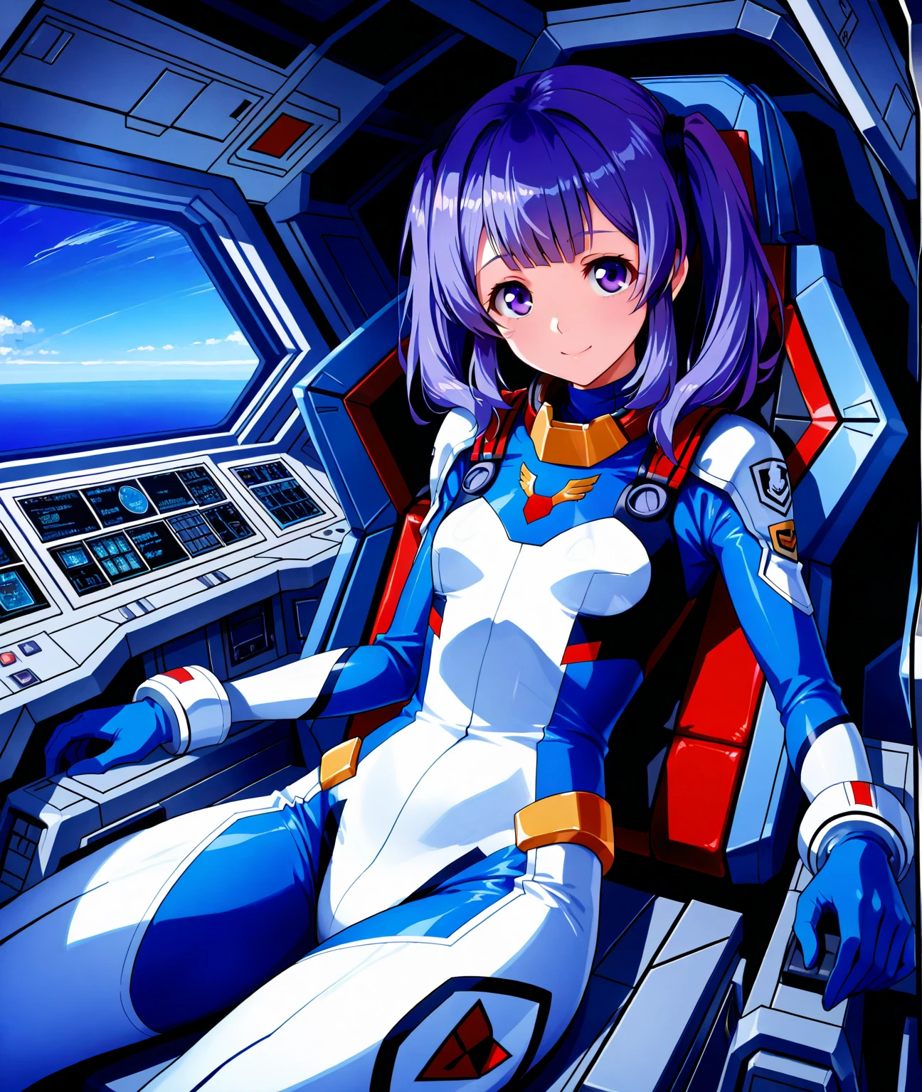 (masterpiece, best quality, detailed), 1girl, solo, looking at viewer, makaidji, blue hair, green eyes,
plugsuit, interface headset, skin tight, pilot suit, red bodysuit, cockpit, spacecraft, science fiction, space, dutch angle, sitting, crossed legs, smug, smile, closed mouth