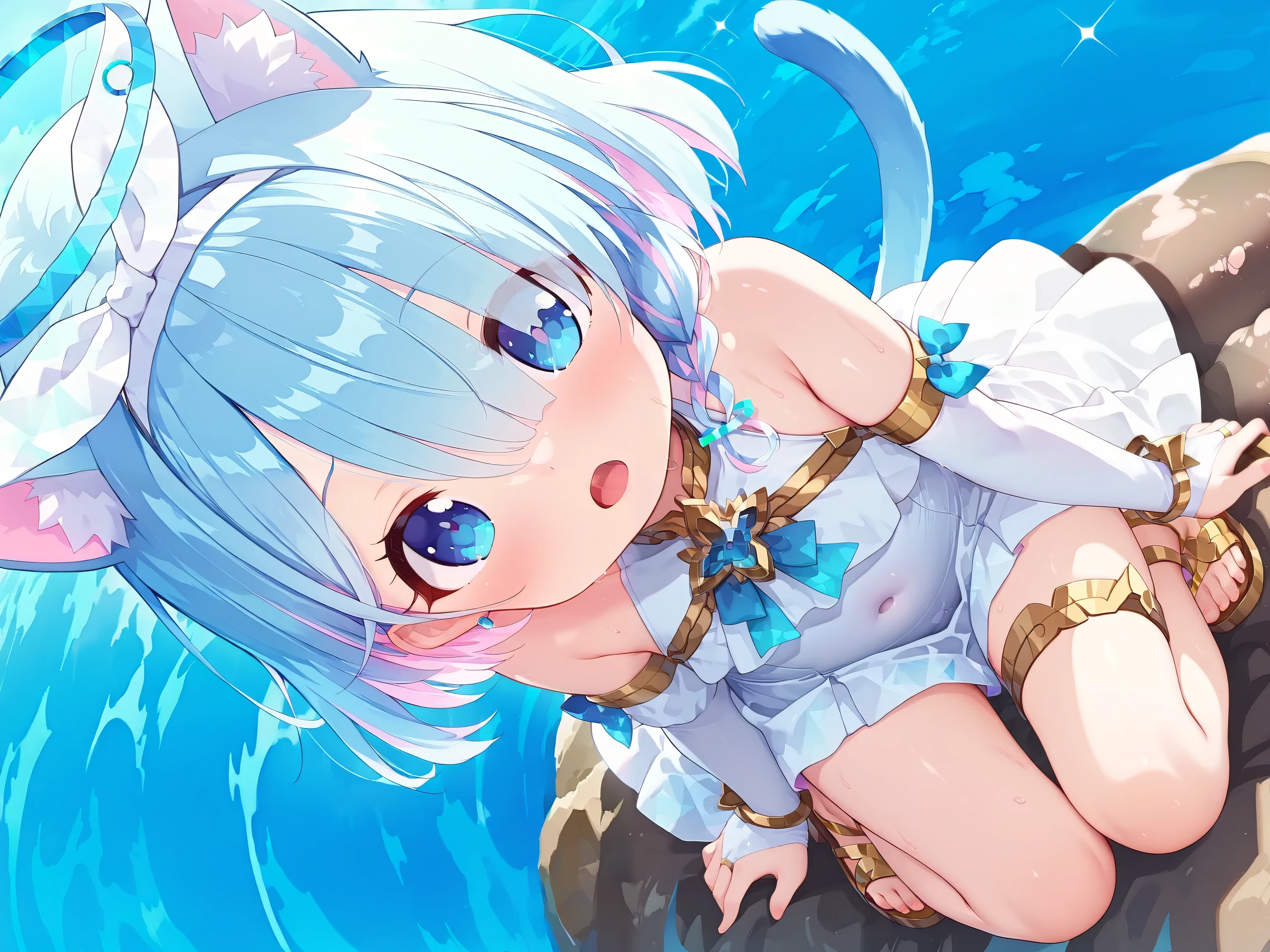 masterpiece,best quality, /品質/
1 girl, 4 finger,1 thumb,/人数/
toddler,loli,cute,kawaii,1girl,hmmare,
arona, blue eyes, blue hair, hair over one eye, bangs, halo, mechanical halo,
white dress, jewelry, bare shoulders, sleeveless, covered navel, elbow gloves, thighlet, sandals,
sweat/状態/
/行為+相手
//
from above,
open eyes tightly, Open mouth,cat ears,smaile,
/服の状態/
9yo,/年齢/
sorairo ren,,/絵柄/
,/断面図/