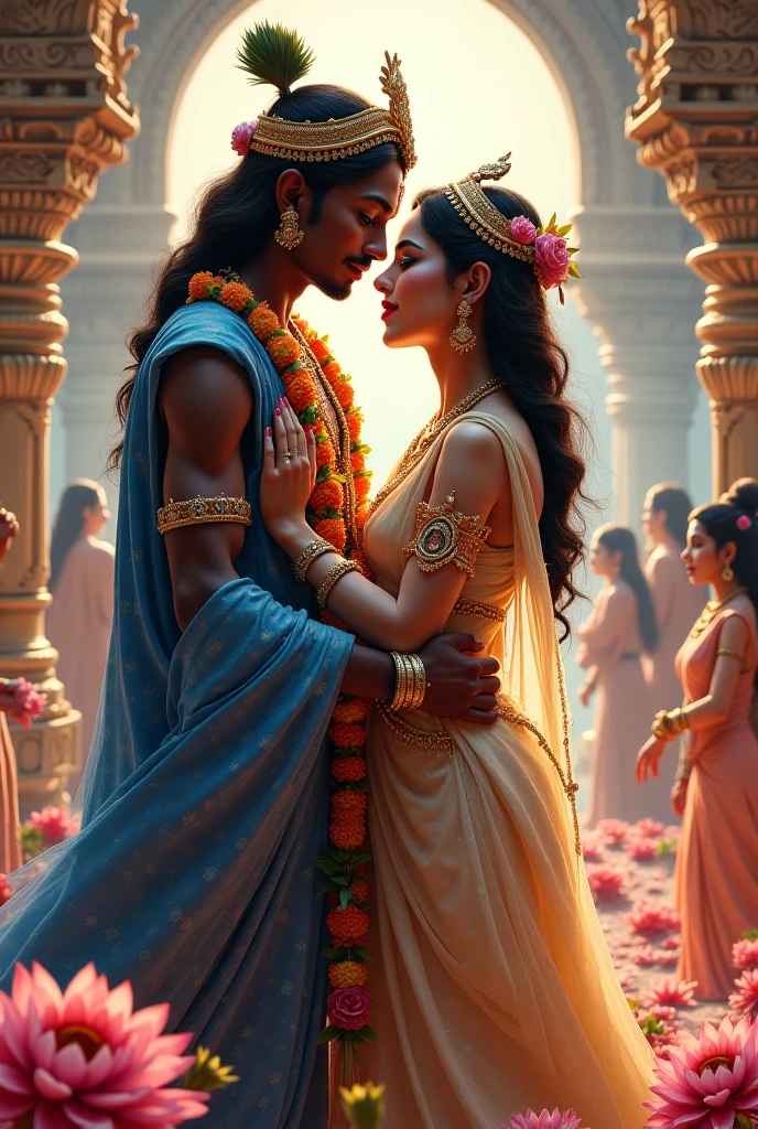Create a picture about a beautiful girl called Saranya who is taking a bath in a facade while playing with Lord Krishna....a man ,by spaslhing waters during the night. The sky is filled with gold stars