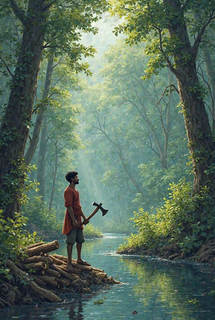 1. **Scene 1: The Honest Woodcutter Working in the Forest**
- "A humble and honest woodcutter, wearing simple traditional clothes, is chopping wood in a dense, lush forest near a river. The forest is filled with tall trees and a few sunrays are peeking through the canopy. The woodcutter looks focused as he swings his axe."