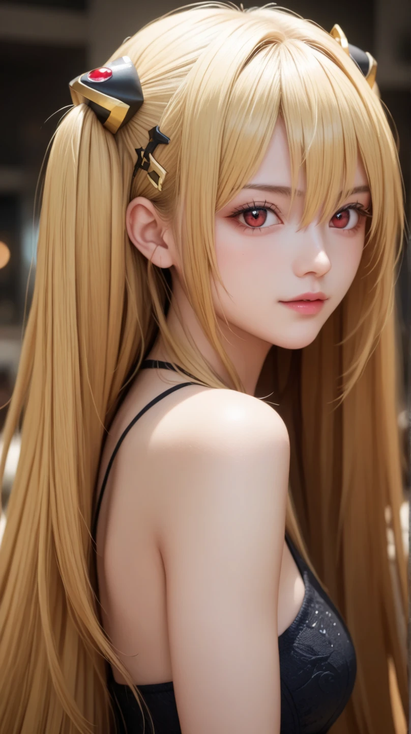 DarknessLora, blonde hair, red eyes, very long hair, horns, claws, choker, hair intakes, loincloth, profile, ((child:1)), ((close-up:1.2))