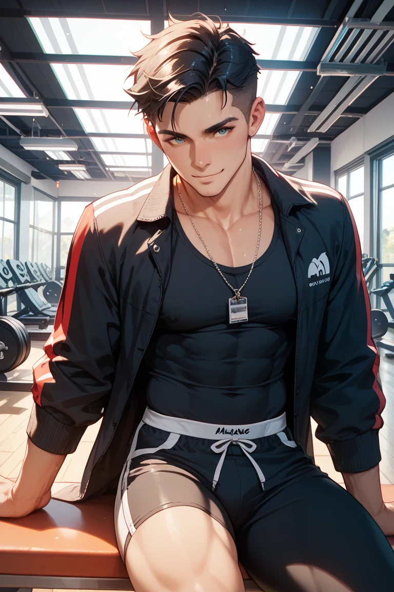 A man is sitting on a bench in the city, muscular!!, Cool anime poses, muscular male hero, High resolution commissions, Perfect body, muscular!, muscular!!!, Super charming and cool, a muscular, Anime handsome man, muscular character, Male Art, muscular thighs, muscular male, Medium shot of handsome guy, Thickness, Strong posture