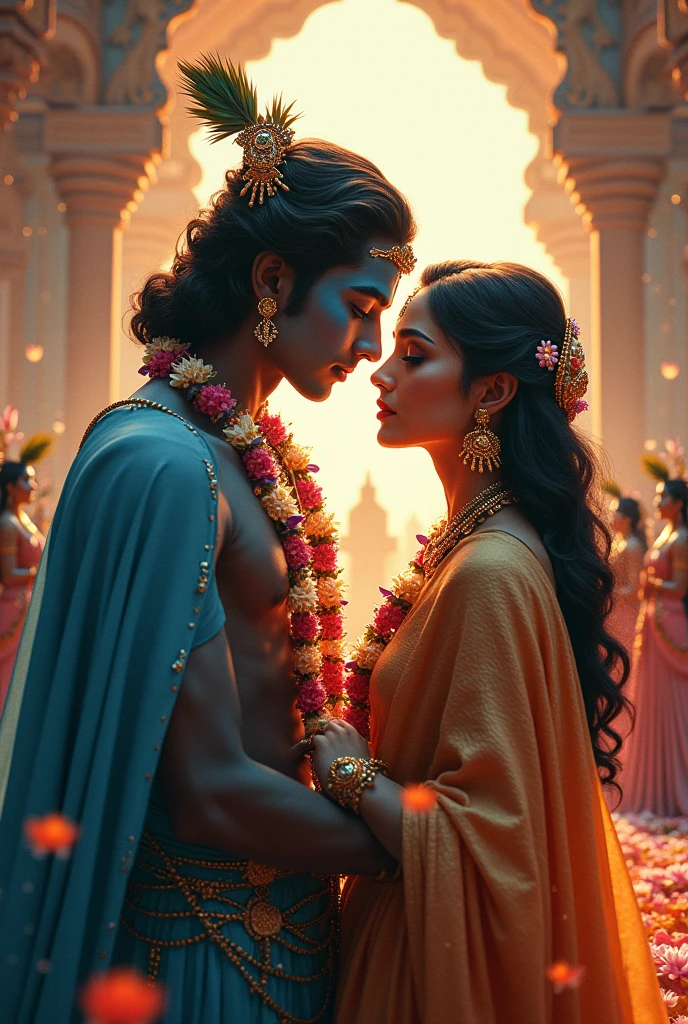 A serene view of Lord Krishna in traditional dress, muscular, royal crown with few peacock feathers in the crown, wearing a floral garland. Krishna holds Radha in his hands. Radha has a sexy fair skin face, brown eyes, red lips, long wavy brown hair, wearing a luxurious crown. Radha is wearing sexy dress, fully exposing her waist to seduce lord Krishna. Radha is exposing her body. Radha has perfect body features. Radha and krishna are looking at each other in a seductive way. Radha sleeping on krishna's chest. Both radha and lord krishna are happy in the palace pond covered with pink lotus flowers. Radha and krishna are very happy with a smile. The backdrop features a luminous full moon, casting a tranquil glow Depth to the image, creating a sexy and realistic atmosphere. The scene is in drone view. Make sure everything is perfect.