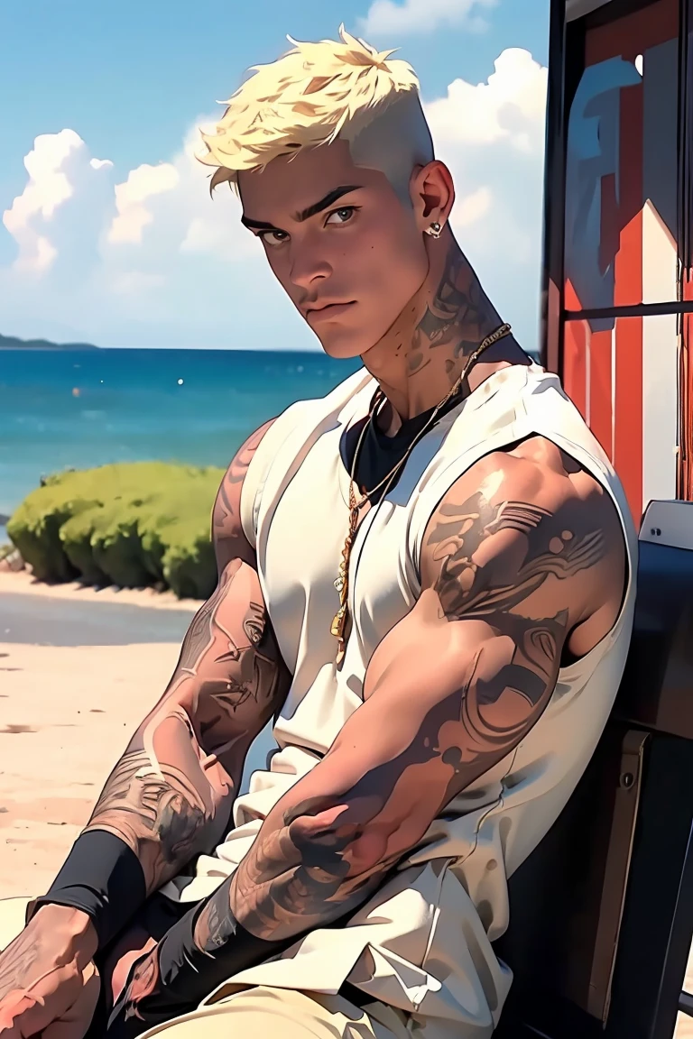 a young man AI high quality muscular tattoo with name “ruy” light skin tanned piercing gaze pink mouth with platinum hair thin mustache with beach background animated realistic