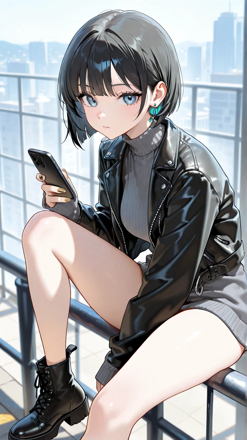 (child)，（​masterpiece，Highest Quality），（denim zip up dress:1.4），pencil skirts，shortsleeves，A dark-haired