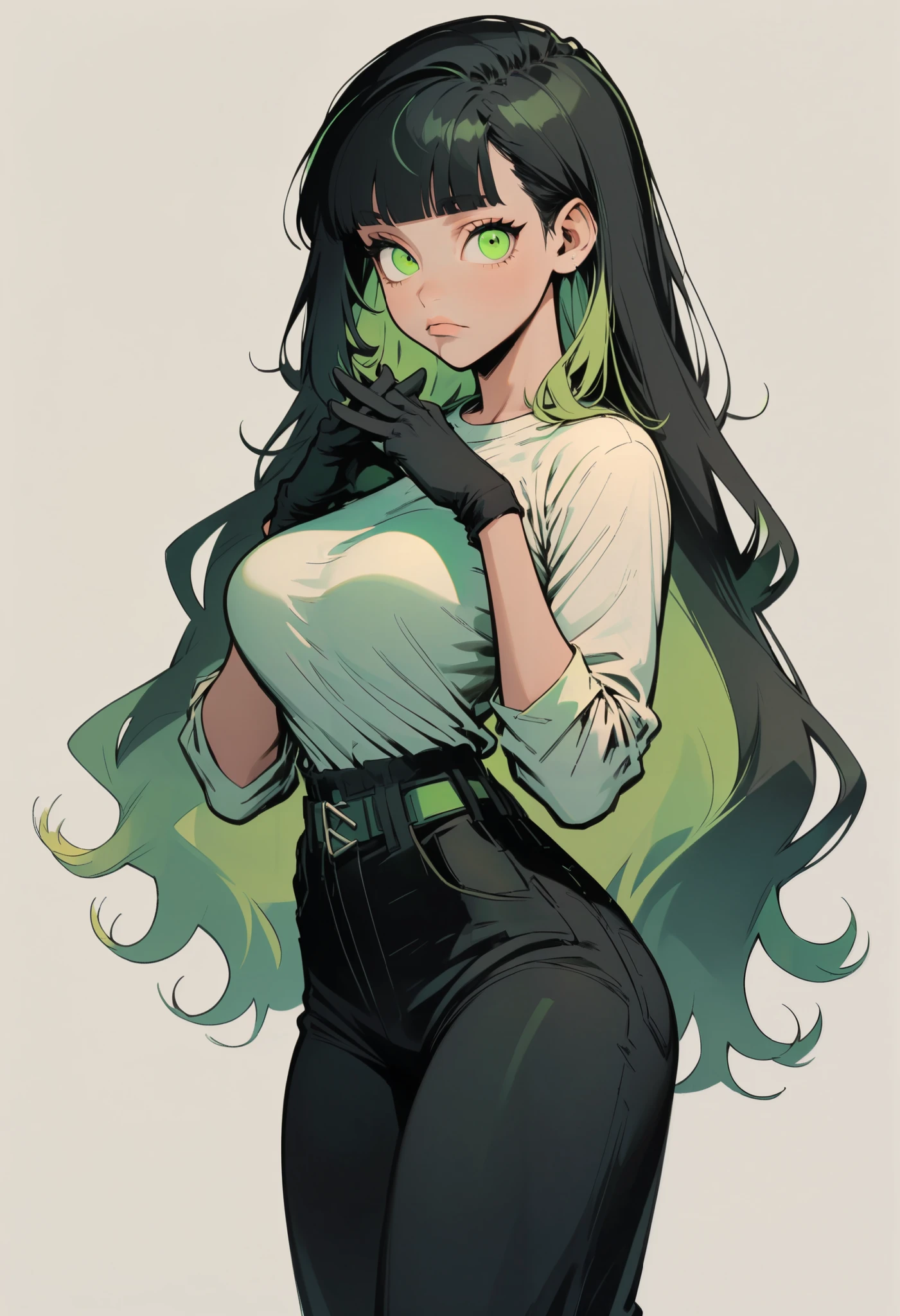 n1n1_v1, 1girl, solo, colored inner hair, long hair, black hair, green eyes, multicolored hair, gloves, green hair, simple background, shirt, looking at viewer, very long hair, two-tone hair, white background, breasts, blunt bangs, black gloves, long sleeves, white shirt, straight hair, high-waist pants, large breasts, own hands together, hime cut