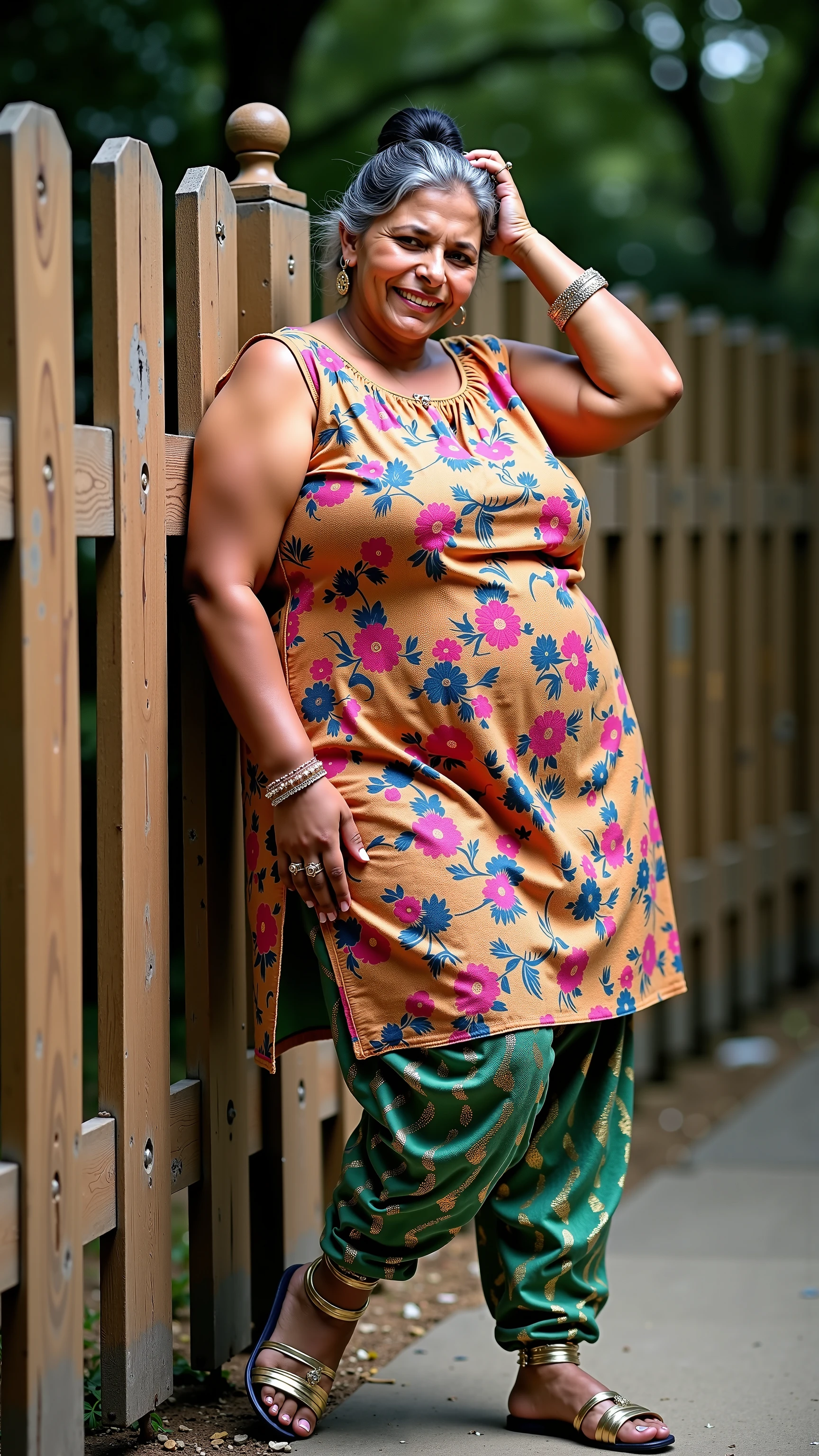 A 3 plus sized South Indian women wearing a red colour short skirt and black colour shirt, standing in a kitchen