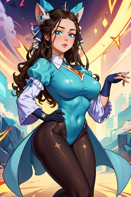 masterpiece, best quality, CG, wallpaper, HDR, high quality, high-definition, extremely detailed, davincicaster, mature female, colorful, vibrant colors, looking at viewer, smile, colorful background, large breasts, playboy bunny, leotard, pantyhose,