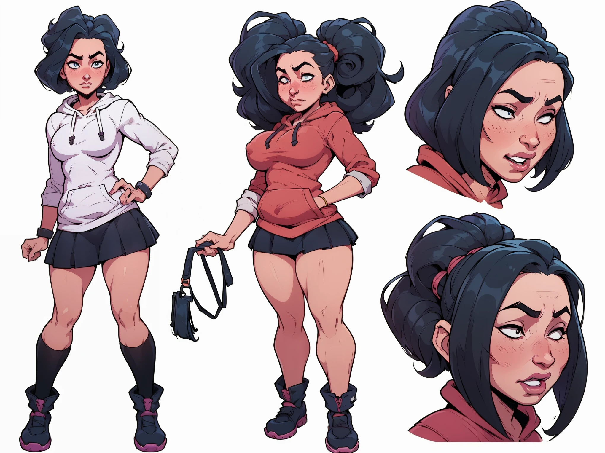 mari, wide hips, black hair, 1girl, cms, (longer wavy haircut, curly hair), k4r3nh41r, exaggerated inflated legs, 4k, highly details, (((tiny breasts))), ((wearing a casual loose hoodie and short skirt)), sensual, 4k, highly detailed face, perfect skin, detailed face, focus on eyes, anatomically correct, ((((reference sheet, simple white background, (multiple views), (full body), dynamic pose,,)))), ((moaning in pleasure while blushing with half closed eyes))