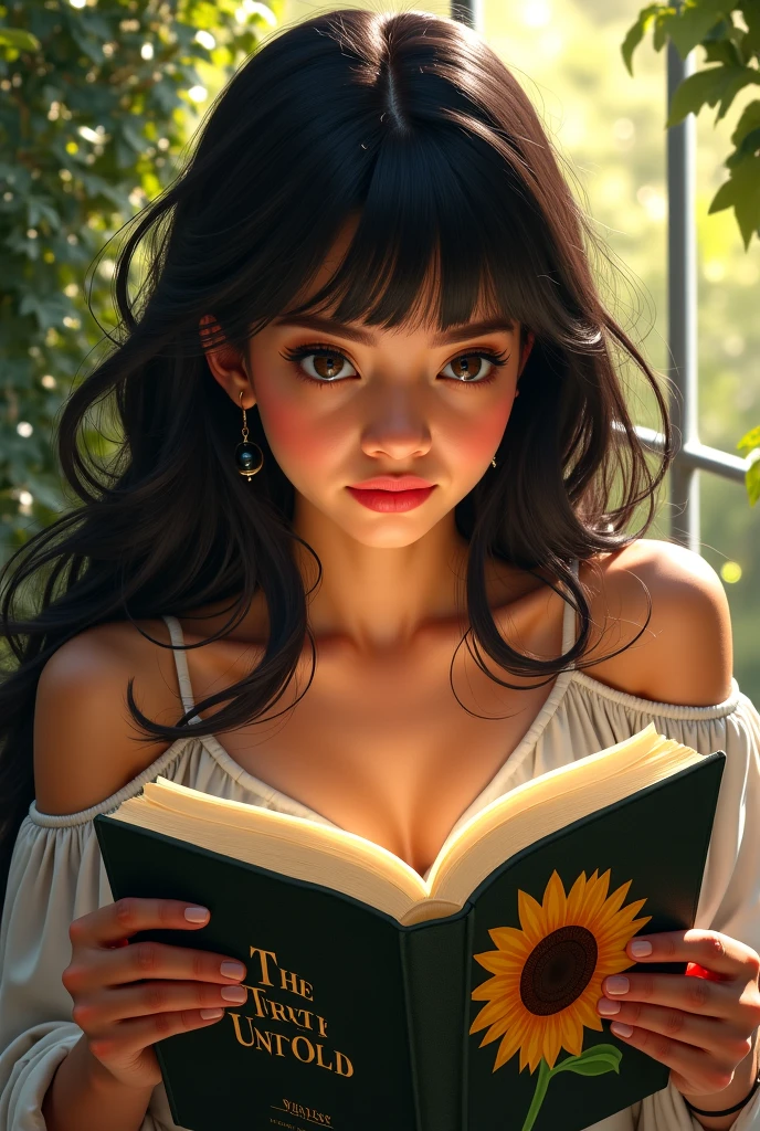 Masterpiece, Best quality, Pandreo Fe, only, Looking at viewer, Smile, 1black woman, hair between eyes, jewelry, Upper body, Female focus, Earrings, Fire, paper