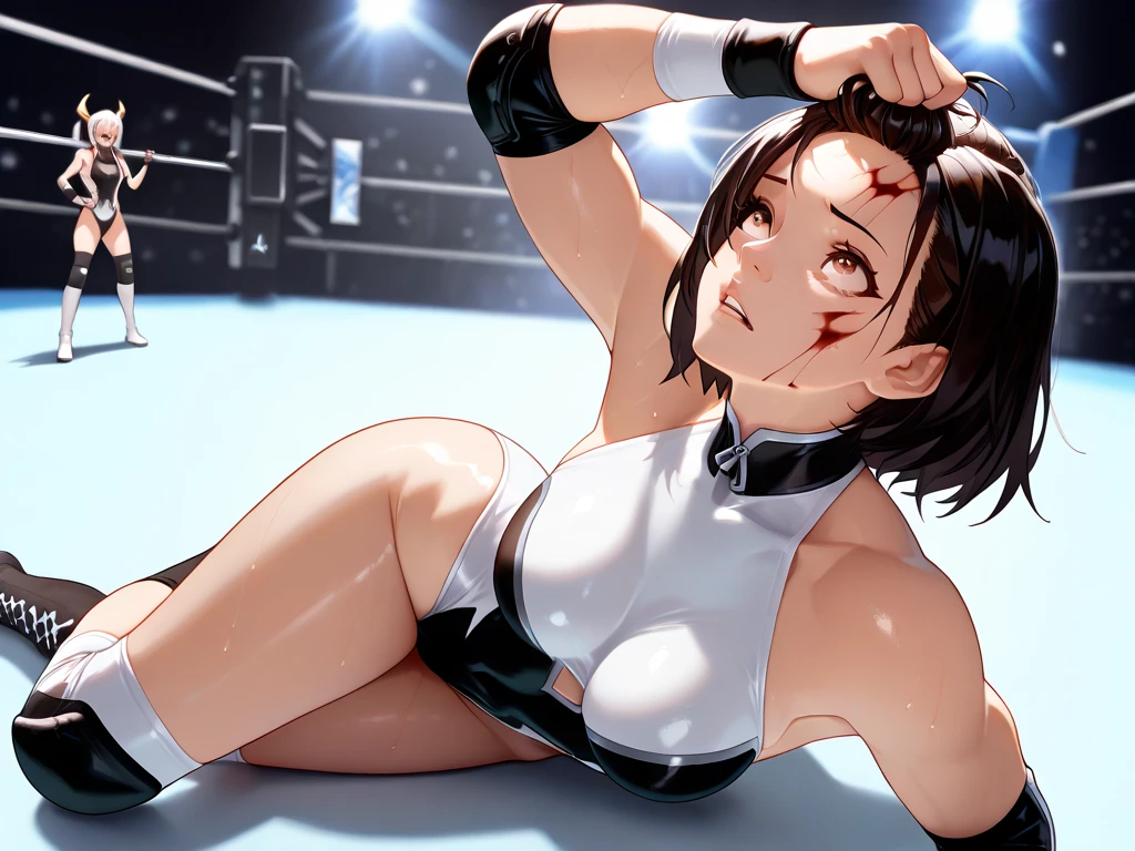 masterpiece、highest quality、High resolution、real girl、professional wrestler、people々close-up of、Wearing a white bodysuit、During、Sexy、masterpiece, super fine illustration, best quality, light particles, ultra detailed, perfect anatomy, Japanese anime style, 8K, (woman), (small breasts), ((black short hair)), shiny hair, shiny skin, oily skin, beautiful face, (white leotard, wrestling boots:1.2), (nipples), (orgasm face, beautiful black eyes, shiny eyes, half-closed eyes), blush cheeks, arched back, get down all fours, boob on stage, (naked man:1.3), (man behind woman), (intense Sex:1.6), (doggy style sex:1.4), vaginal penis, hetero, (man hold woman's waist:1.4), (cum out), nsfw, stage, wrestling stage, crowd,perfect anatomy