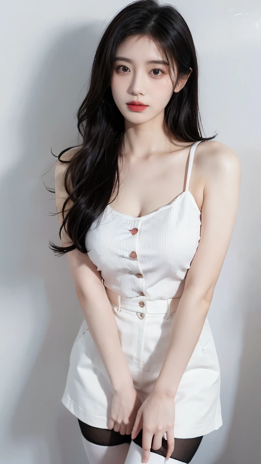 A perfect young female white-collar worker，Chinese big breasts，High picture quality，Works of masters，Black hair，Long hair shawl，Long hair flowing over the shoulders，cropped shoulders，clavicle，exquisite face，Hydrated red lips，blue-shirt，Banzoe bartic(show legs)，Hosiery，white stockings，（（Wearing black gloves））Real Human，Interior wall background，CG rendering，16K，Stand up，Empty interior，Do not show your hands，Close-up shot