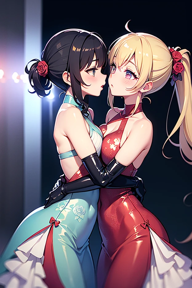 multiple_girls, breasts, 2girls, dress, high_heels, french kiss, red_hair, large_breasts, pantyhose, long_hair, yuri, cleavage, purple_hair, jewelry, eyewear_on_head, earrings, white_dress, blush, bare_shoulders, kneeling, white_footwear, closed_eyes, black_dress, black_footwear, bangs, sunglasses, indoors, window, ponytail, sleeveless, orange_eyes, thighs, halterneck, chinese_clothes, sleeveless_dress, china_dress, yellow_eyes, ass