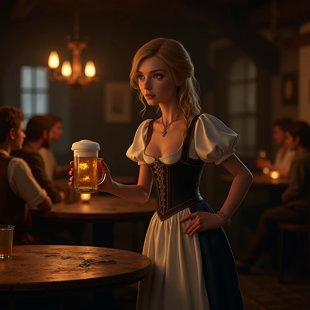 Create a detailed image portraying a Viking woman in a moment of relaxation, enjoying a beer. Highlight her strength and determination, capturing her striking facial features, fearless gaze, and intricately braided Viking-style hair. Dress her in traditional Viking attire, adorned with characteristic accessories such as metal necklaces and bracelets. Place her in an environment that evokes ancient Viking halls, with elements like shields, weapons, tapestries, and a festive atmosphere. The Viking woman should hold a beer mug or horn in her hands, emphasizing her connection to both the beverage and Viking culture. Pay attention to the beer's details, emphasizing the bubbling foam and condensation droplets on the container. Utilize dramatic lighting to enhance textures and create expressive shadows, adding depth to the image. Colors should be vibrant, with earthy and metallic tones that evoke the atmosphere of the Nordic lands. Convey the essence of courage and warrior spirit embodied by Viking women, capturing a moment of pause and celebration with beer. This detailed image aims to celebrate the powerful and fascinating presence of Viking women, showcasing their commanding role in history and culture.