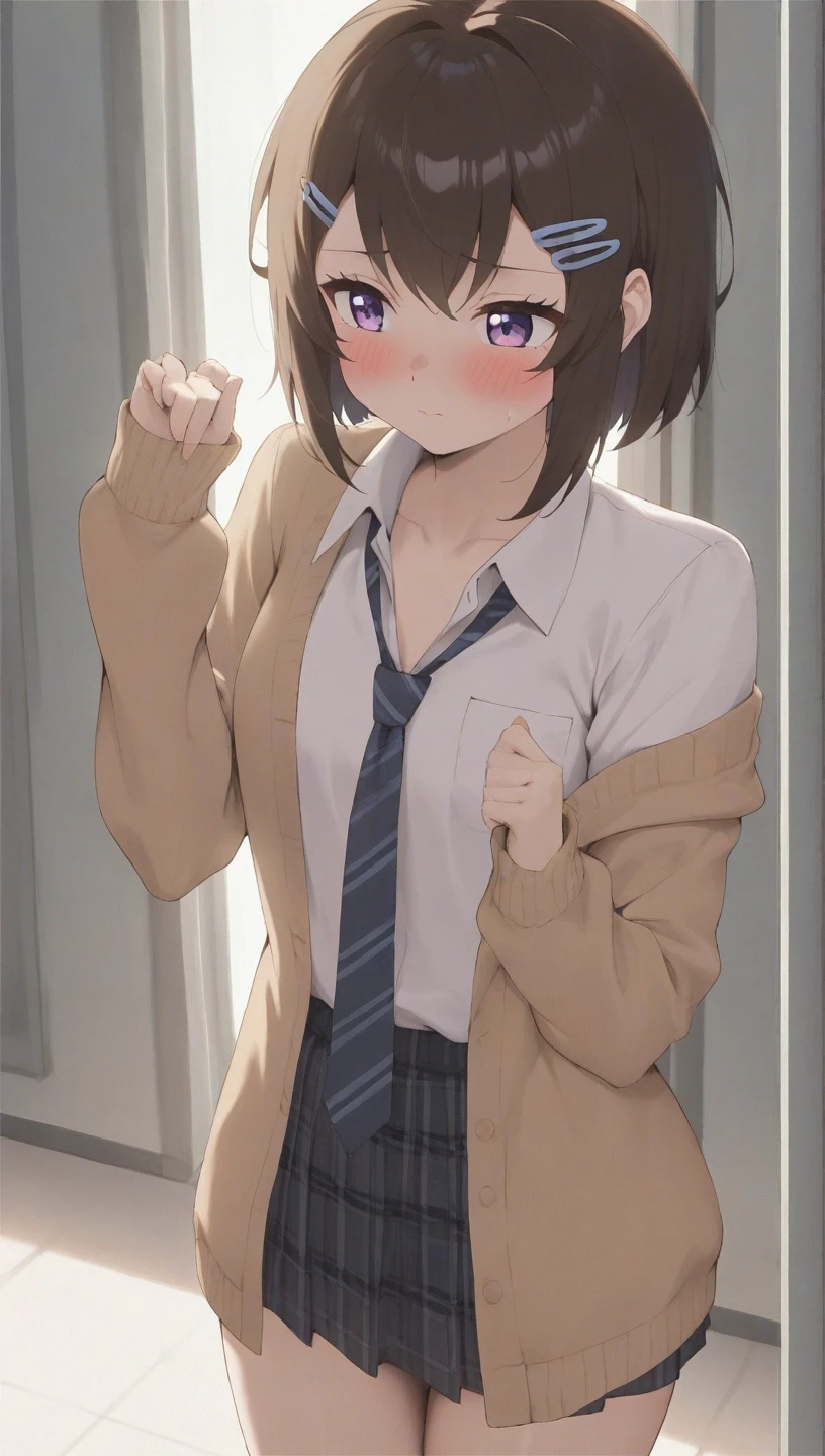 (8K、Best image quality、Highest quality、masterpiece)、Detailed face、((Change the sand))、Black Hair、Short pigtails、Grey Eyes、Wicked Smile、((Open your mouth and extend your tongue))、Small breasts、((Brown cardigan))、((On the way to take off the skirt))、Cowboy Shot、((White panties))、Recall、Jim's warehouse