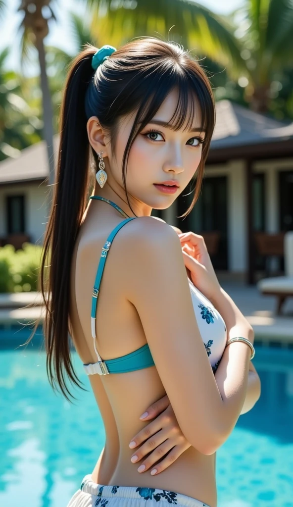 (((HD photo))), ultra high res.photorealistic:. 1.4, UHD, masterpiece, trending on artstation, portrait, full body shot, 1girl, pretty, cute face, most beautiful in the world, cleavage, soft, delicate, (long brown hair in a ponytail ), perfect figure, :1.2),, sunkissed, at the pool , sfw , wearing a gold bikini , tiny waste showing