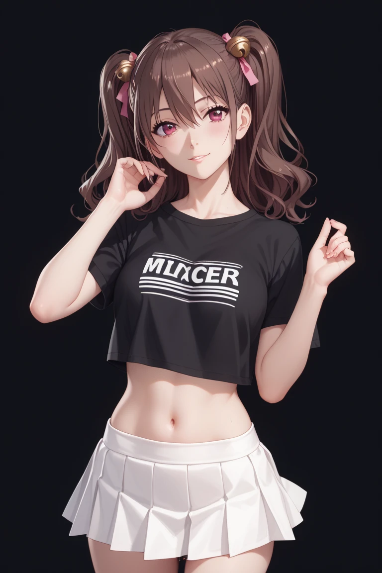(absurdres, 8k, 4k, masterpiece, hyper extreme detailed:1.2), solo, 1girl, front view, portrait, best quality, expressive eyes, perfect face, 1girl, portrait, solo, standing, Female, toned body, mature female, small breasts, pale, hair covering one eye, dark brown hair, long hair, eyepatch, sarcastic, snarky, soldier, , hazel eyes, shorts, delinquent, sarcastic, white jacket tied around waist, graphic t-shirt, smirk, crazy eyes, messy hair, swept bangs, midriff, hand on head, hand on shoulder, exposed collarbone, exposed left shoulder,