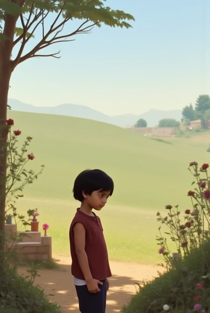 A cartoon characters in the style of Disney+Pixar, boy with Poppy in wat lao at laos,3d rendering