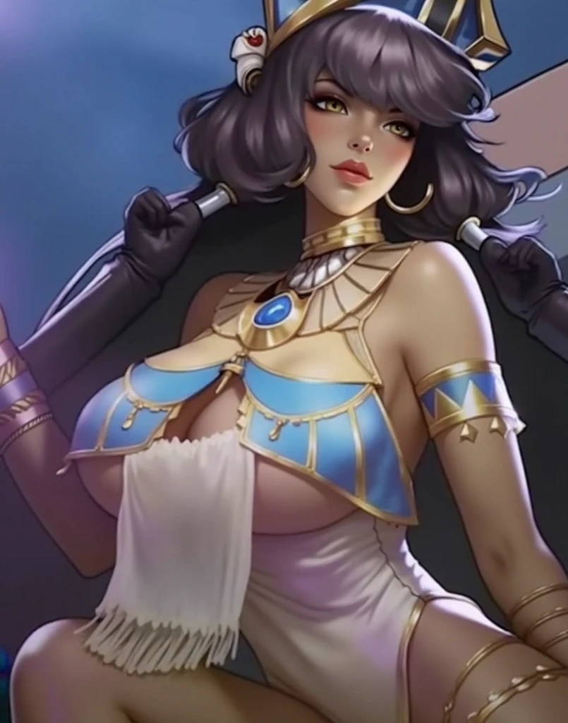 (masterpiece, 8k, 4k, extremely detailed, dynamic shading, best quality, absurdres:1.4) 1girl, nice hands, perfect hands, milf, mature, sexy, (large breasts:1.1) <lora:more_details:0.7> <lora:camearra-nvwls-v1:1> camearra, gold tiara, blue hair, blue face paint, white silk dress with transparent sleeves, egyptian clothes, long pelvic curtain, cleavage, bracer, upper body, large breasts, furrowed brow, dark eyeshadow, thick eyeliner, thick eyebrows, seductive, confident, smug, grin, night sky, full moon, starry night, egyptian temple desert background,