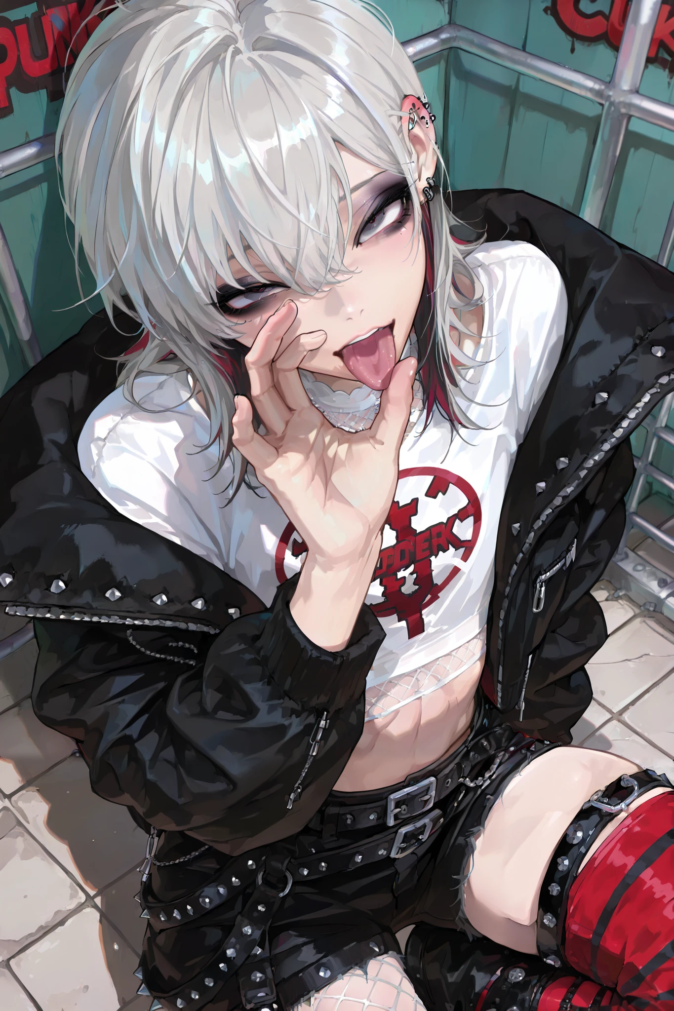 (masterpiece:1.2),(highest quality),(super detailed),(ultra-high resolution), punk, sub culture, visual kei style, belts, piercings, (1 male:1.2), male focus, androgynous, 18 years old male, gothic, mullet hair, medium hair, crop top , red striped stockings on one leg only, cut outs, Silver hair with black ends, (black inner hair:1.2), asymmetrical pants, leg ring, super detailed face, studs, heavy black eyeliner, black eyeshadow, naval piercings, white fishnet inner shirt, cowboy shot, shoders out oversized jacket, slightly muscular, seductive expression, squatting, from above, fellatio gesture, half closed eyes, eyes rolled up, ahegao