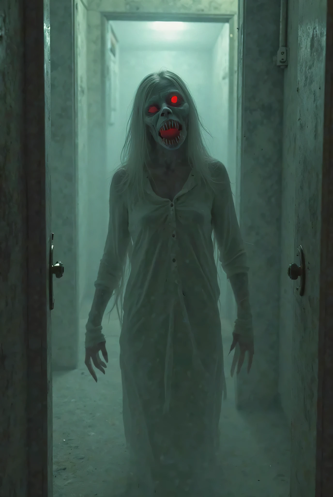 terrifying ghost, dark haunted house, eerie lighting, decayed figure, long white hair, gaping mouth with sharp teeth, horror, spooky atmosphere, cinematic horror, grainy texture
, old movie scene from the 70s photo , original gain film particles, old horror movie,