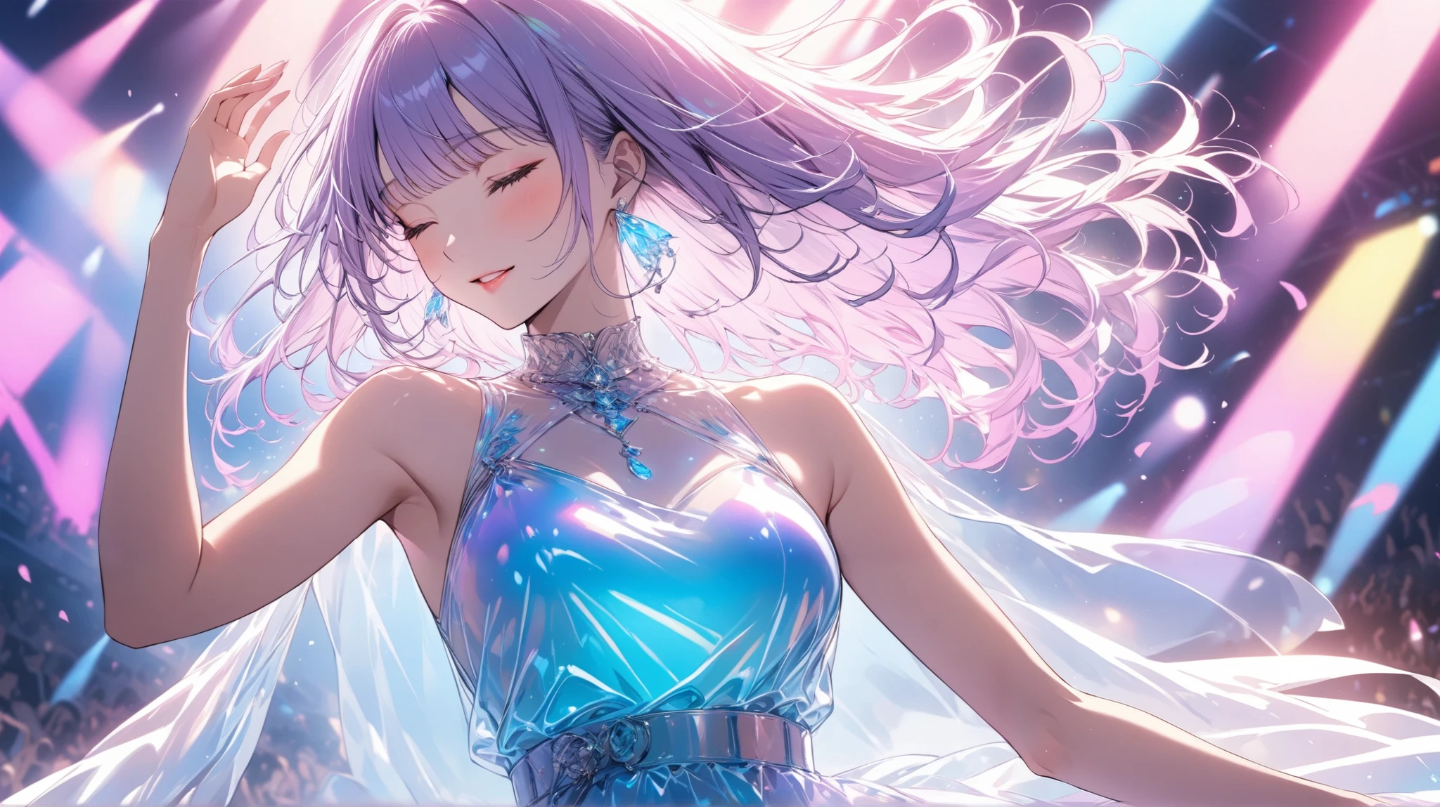 ( top quality,4K,8k, High Definition , masterpiece :1.2),anime style。
Japanese female singer around 23 years old singing at a concert。wearing a light blue long dress。
Beautiful eyes depicted in detail。Light purple medium hair。Ultra Fine, anatomically correct, Ultra Fine, top quality, She's smiling with her eyes closed。