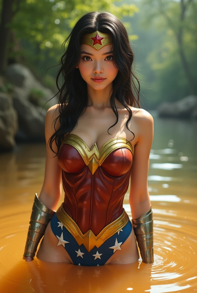close up Wonder woman in waterfall, Portrait photo by Altgarm, realism style, Glowing skin, Cartoon hero, Natural light, Defined lips, Strong physical strength, Feminine body, Full body, viewer, (Smile:1.2), Depth of field f/1.8, in waterfall, (((looking in camera))), Camera orientation, (Sexy Pose:1.5)), in waterfall, Unreal 5, 8 k, 8K RAW, Ray Tracing, NVIDIA RTX,