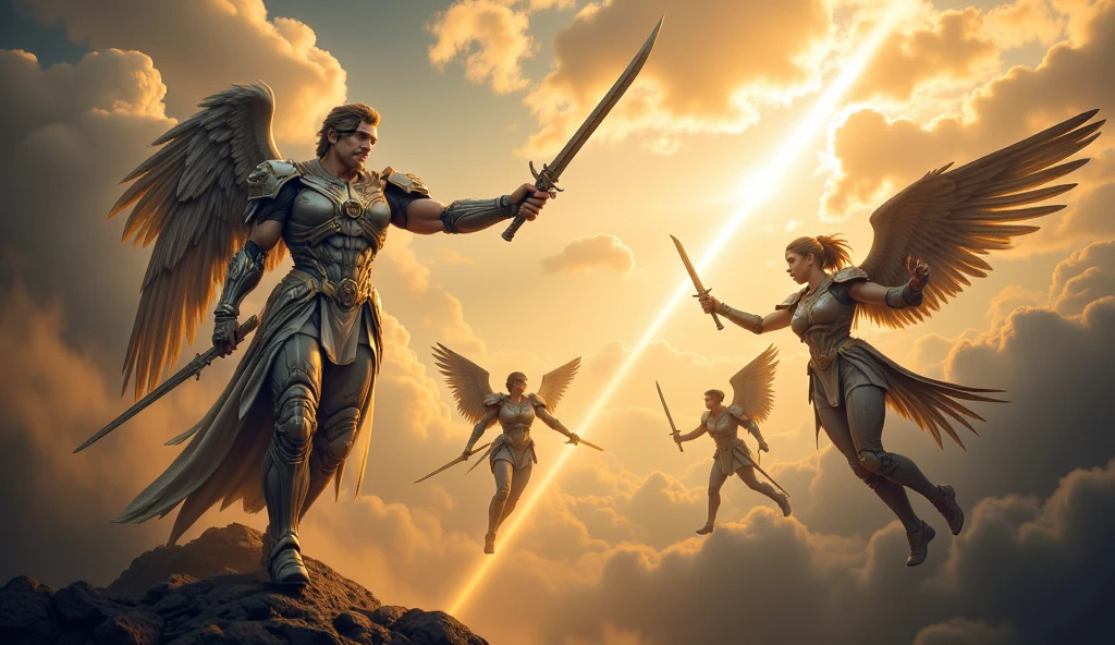 (Aerial view:1.3),(wide angle:1.3),Intricate dynamic action shot of the three male archangels of the bible stood on the top of a mountain overlooking the stormy land and holding a flag, cinematic Alessandro Casagrande, Greg Rutkowski, Sally Mann, concept art, ,Fantasy,myth, style of elden ring, 2 atmosphere,detailed face and eyes,Masterpiece, best quality, highly detailed photo:1, 8k, detailed face,photorealistic