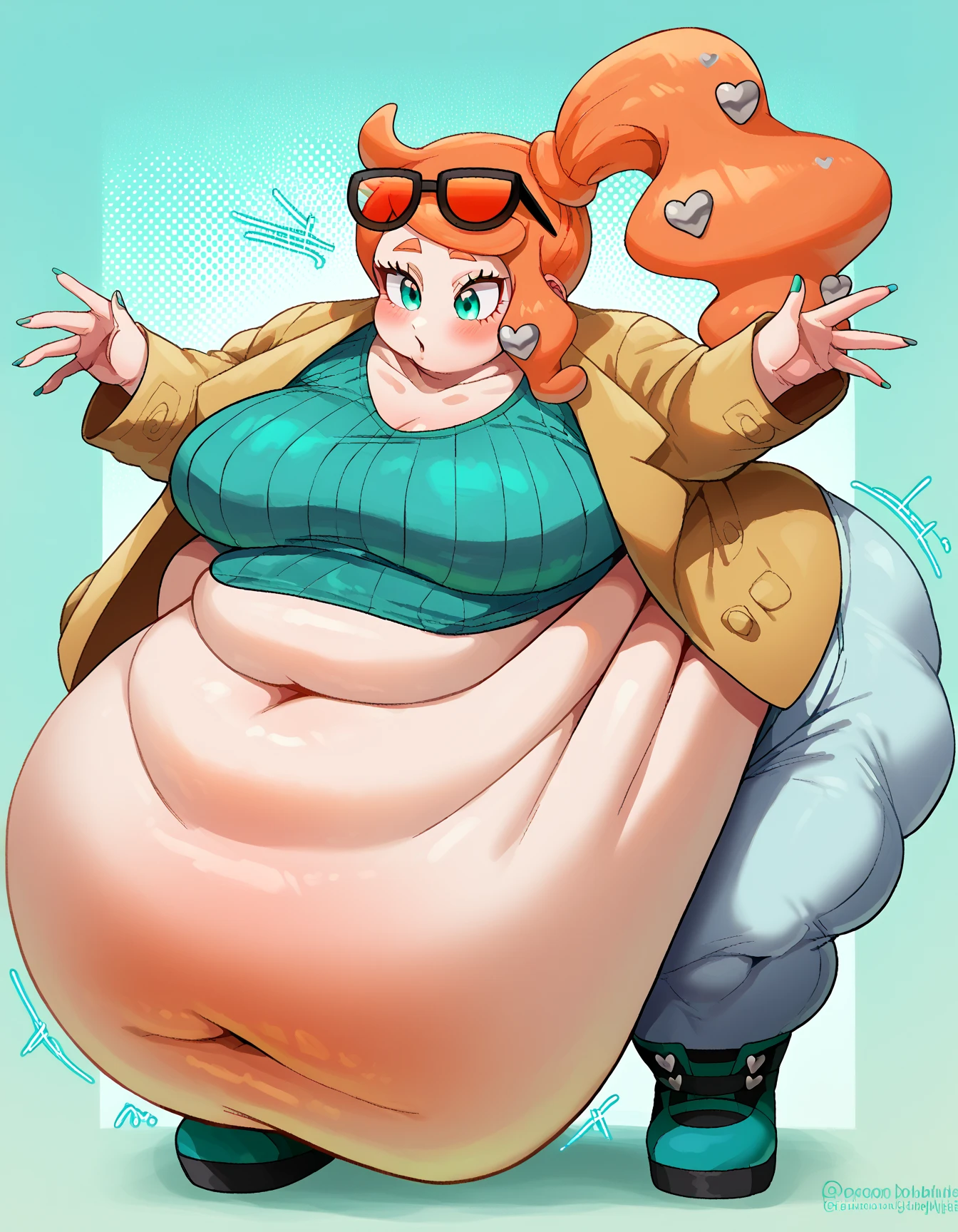 ((highres)), Masterpiece, high quality, best quality, beautiful, perfect lighting, detailed face, ultra cute face, (((1girl))), ((solo)), blush, embarrassed, orange hair, green eyes, freckles, glasses, pink blouse, panty hose, panties visible though panty hose, fast food restaurant, cleavage, large breasts, ((wide hips)), ((thick thighs)), ((plump)), chubby belly, fat folds, belly hang, standing