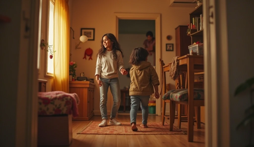 Children playing around a chair, Children playing around a chair in the living room of a house, kids having fun --auto